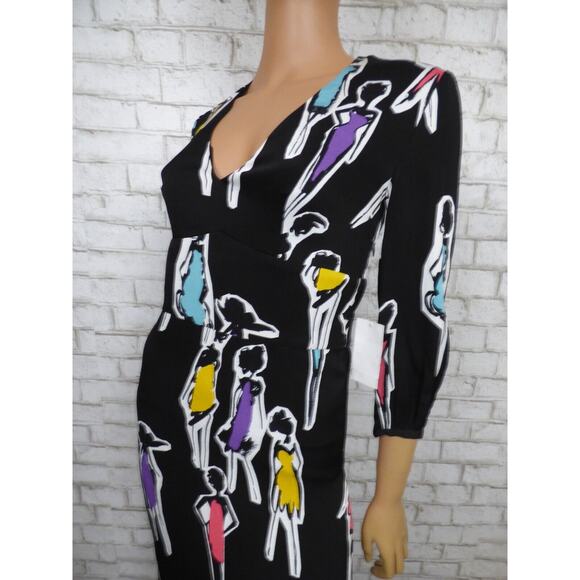 $725 Boutique Moschino Black Multi Print Crepe Midi Vneck Dress 38 US 4 NWT - Picture 9 of 16